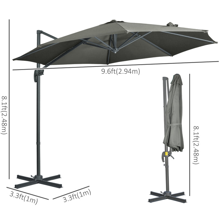 Outsunny 9.6' Cantilever Patio Umbrella Outdoor Hanging Offset Umbrella, Cross Base, 360° Rotation Aluminum Poles, Grey