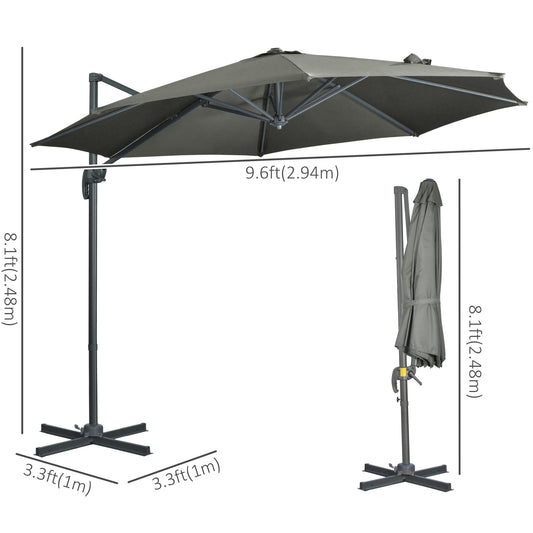 Outsunny 9.6' Cantilever Patio Umbrella Outdoor Hanging Offset Umbrella, Cross Base, 360Â° Rotation Aluminum Poles, Grey