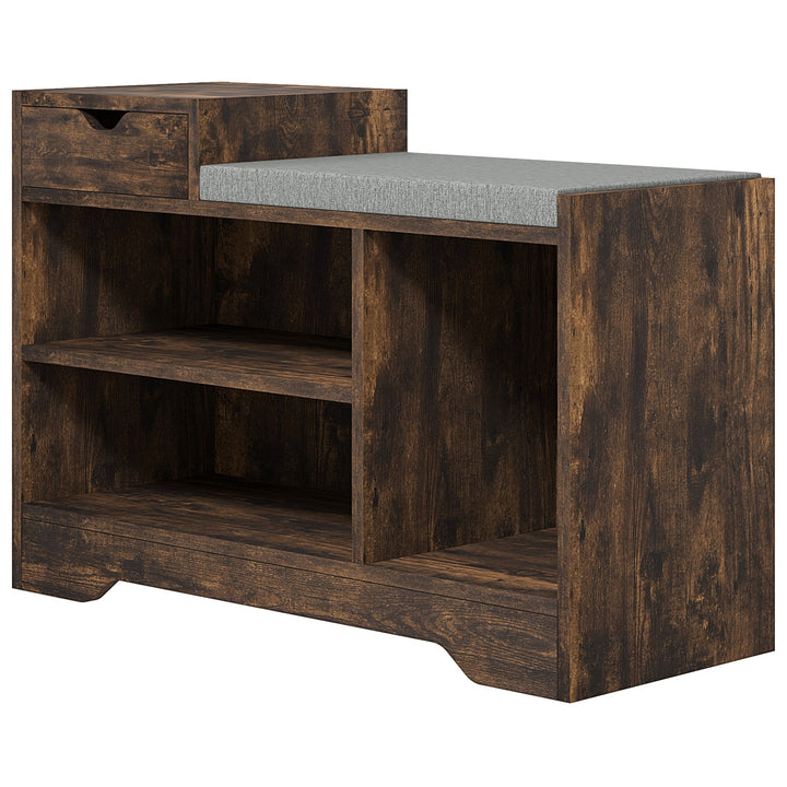 HOMCOM Upholstered Shoe Storage Bench, Hallway Shoe Storage with Seat, Drawer, 3 Open Shelves for Entryway, White