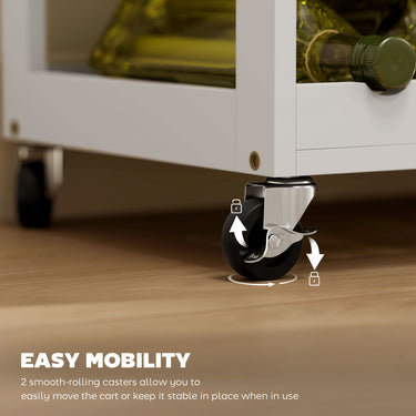 HOMCOM Rolling Kitchen Cart, Kitchen Island with Storage Drawer, 9-bottle Wine Rack, Door Cabinets, Wooden Countertop, White