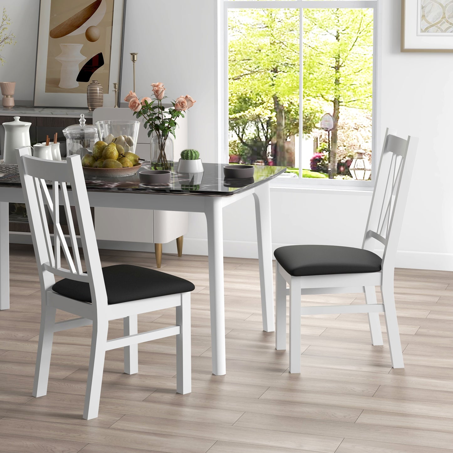 HOMCOM Farmhouse Dining Table Chairs Set of 2, Pine Wood Kitchen Table Chairs with PU Leather Cushion for Living Room, Bedroom