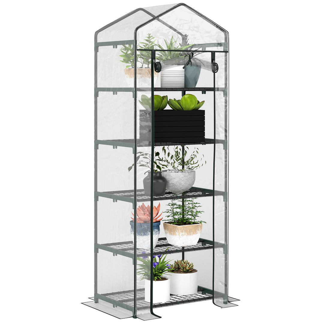 Outsunny 5 Tier Mini Greenhouse, Portable Outdoor Flower Stand with Shelf Clips, Indoor Greenhouse with Steel Frame, Transparent, 27.25" x 19.25" x 76", Clear
