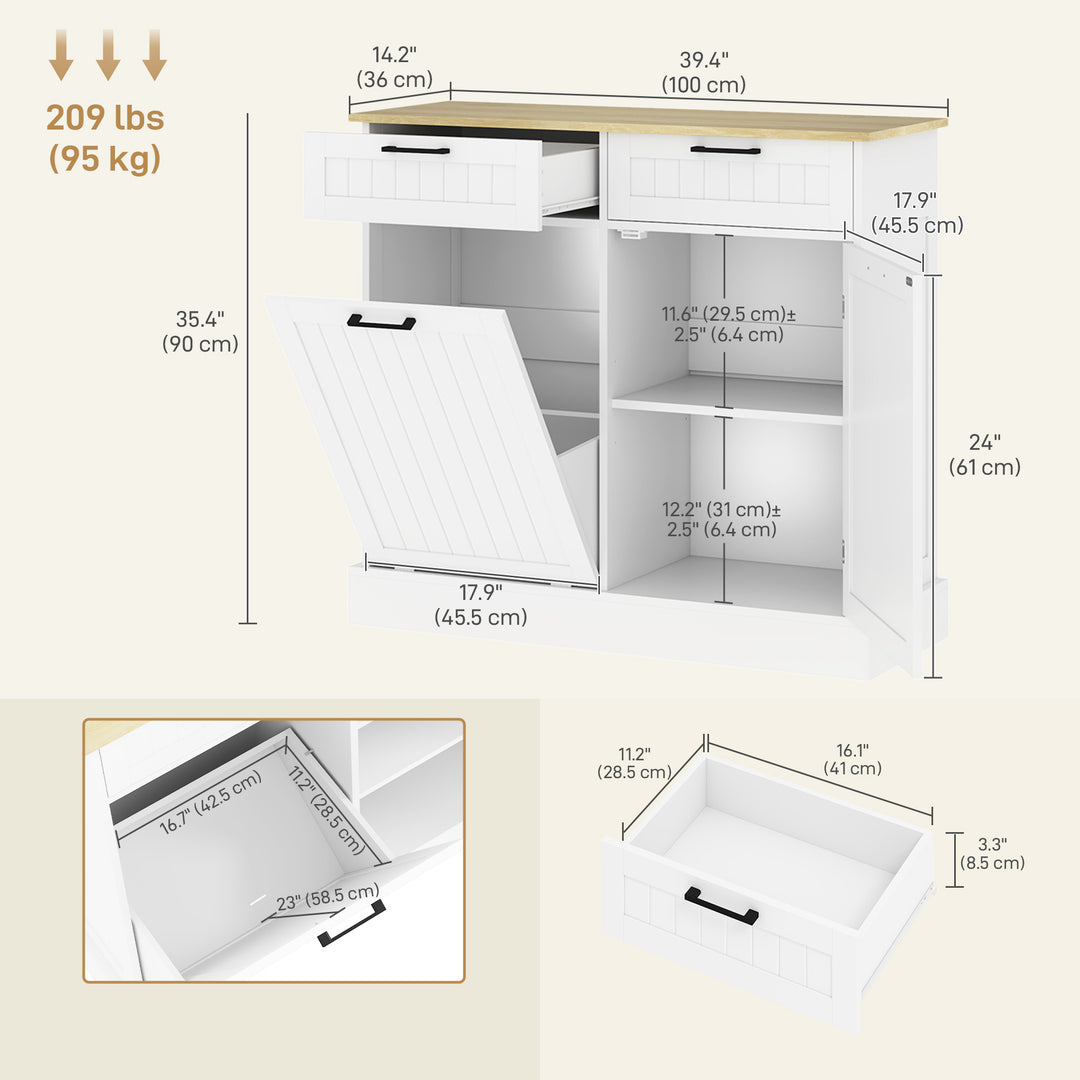 HOMCOM Hidden Garbage Bin Cabinet, Tilt Out Trash Cabinet w/ 2 Drawers, Freestanding Kitchen Island for Laundry, Black