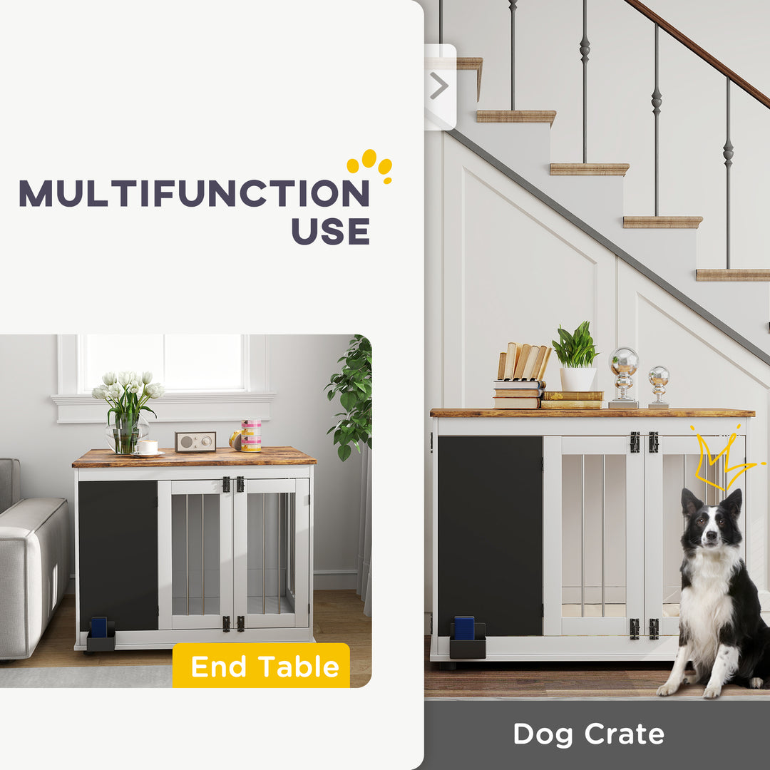 PawHut 39" Dog Crate Furniture Side End Table for Large Dogs w/ Blackboard, Three Doors, White