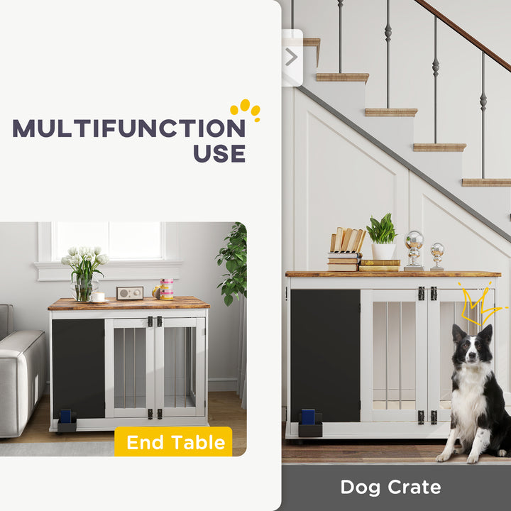 PawHut 39" Dog Crate Furniture Side End Table for Large Dogs w/ Blackboard, Three Doors, White