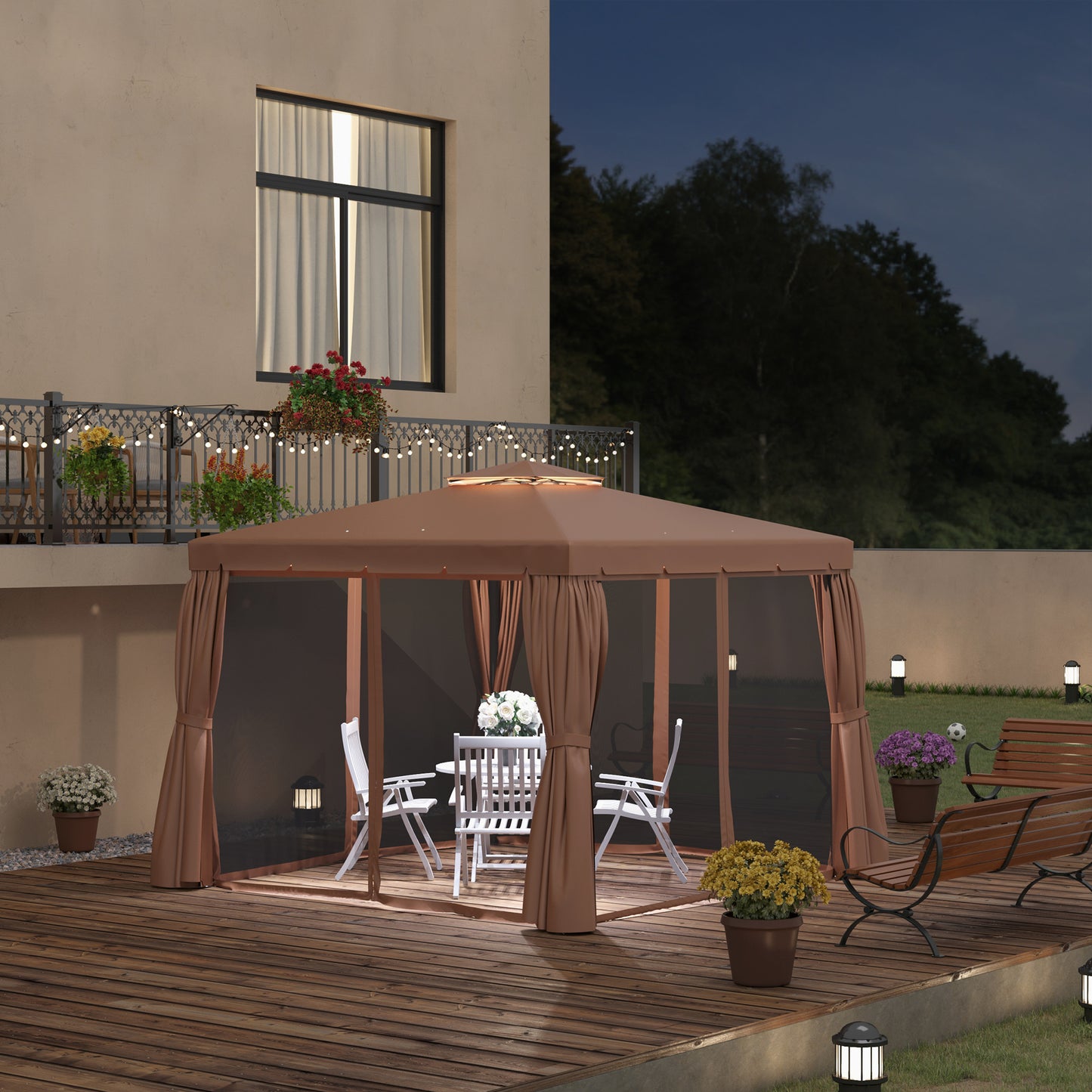Outsunny 10' x 10' Outdoor Patio Gazebo Double Soft-top Garden Shelter Tent with Curtains, & Mesh Screen Drapes, Brown