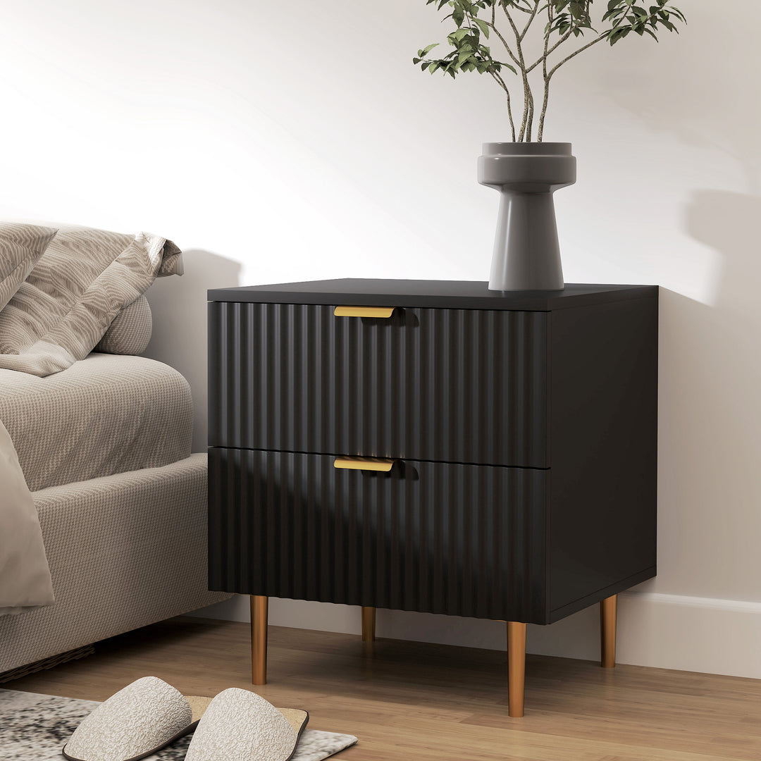 HOMCOM Bedside Table, Modern Nightstand with 2 Drawers, Side End Table with Metal Legs for Living Room, Bedroom, Black
