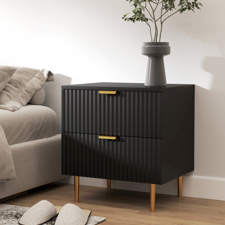 HOMCOM Bedside Table, Modern Nightstand with 2 Drawers, Side End Table with Metal Legs for Living Room, Bedroom, Black