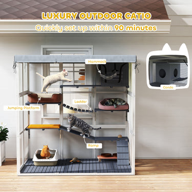 PawHut 71" Catio Outdoor Cat Enclosure w/ Weatherproof Tarp, Hammock, Condo, Jump Platforms, Ladders, Ramps, for 2-4 Kittens