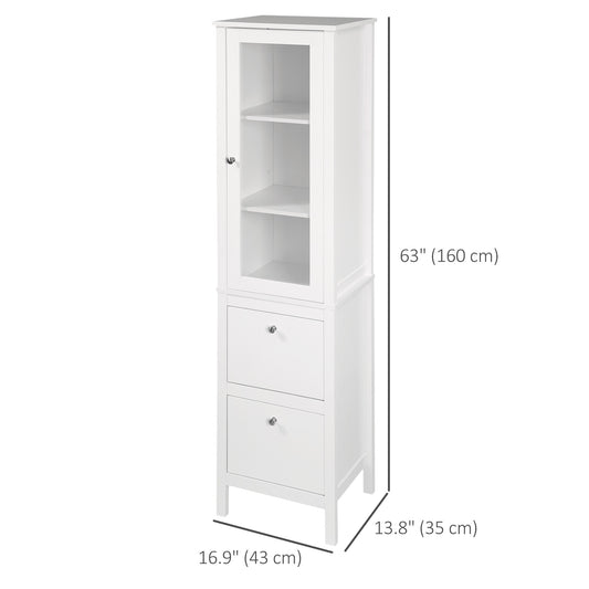 kleankin Tall Bathroom Cabinet with Tempered Glass Door, Storage Organizer, Freestanding Linen Tower with 2 Adjustable Shelves and 2 Drawers, White