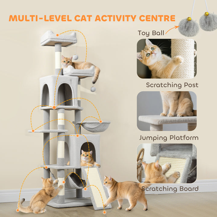 PawHut Cat Tree, 70" Multi-Level Cat Tower with 2 Condos, 2 Perches, Hammock, Toy Balls, Scratching Posts and Board, Green