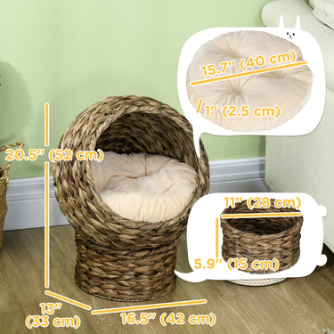 PawHut Wicker Cat Bed with Cushion, Stand, for Indoor Cats, Dark Brown