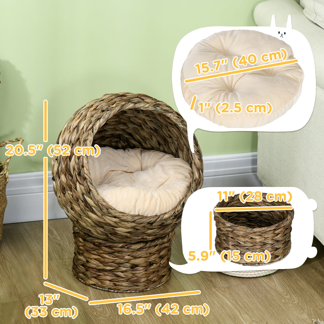 PawHut Wicker Cat Bed with Cushion, Stand, for Indoor Cats, Dark Brown