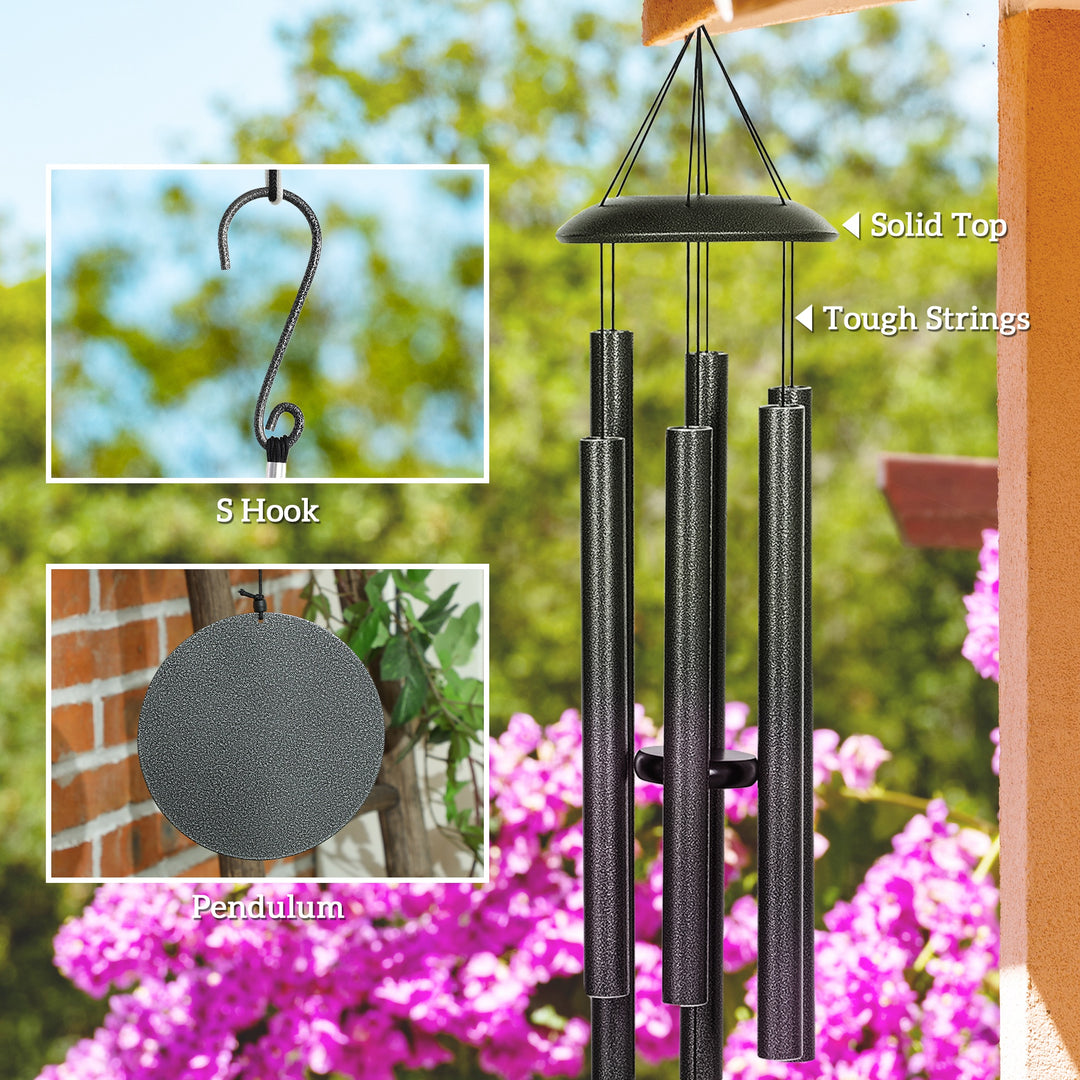 Outsunny 45" Wind Chimes Outdoor Deep Tone Wind Chime with 6 Aluminum Tubes and Hook for Patio, Yard, Garden Decor, Dark Grey