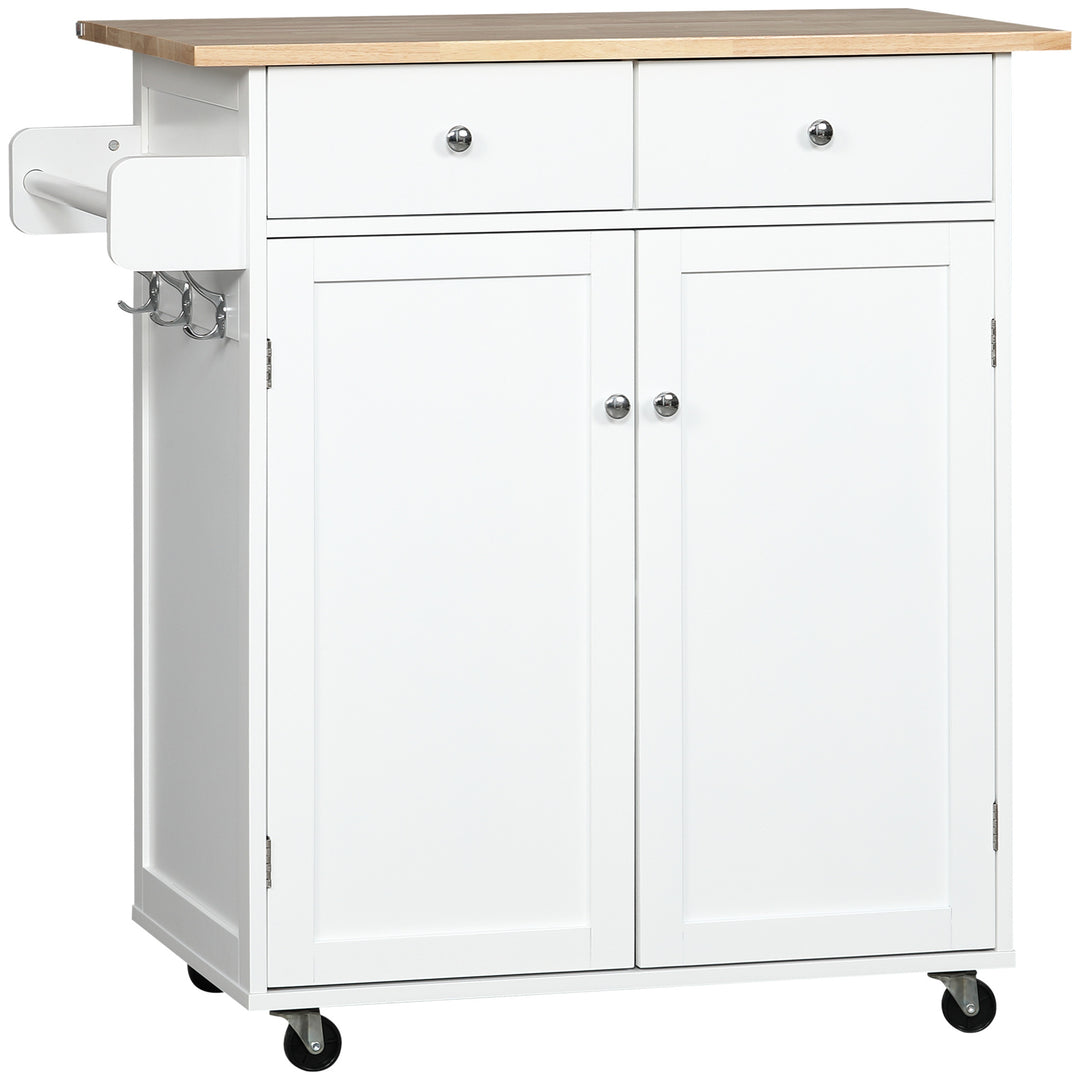 HOMCOM Rolling Kitchen Island with Storage, Kitchen Cart with Rubber Wood Top, Adjustable Shelf, Towel Rack, Hooks and Storage Drawers, White