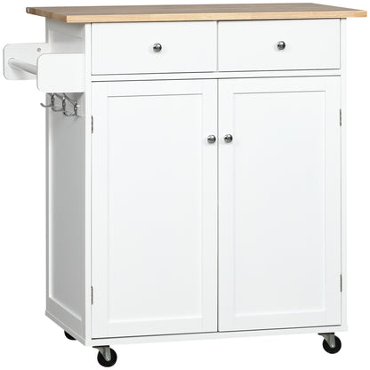 HOMCOM Rolling Kitchen Island with Storage, Kitchen Cart with Rubber Wood Top, Adjustable Shelf, Towel Rack, Hooks and Storage Drawers, White