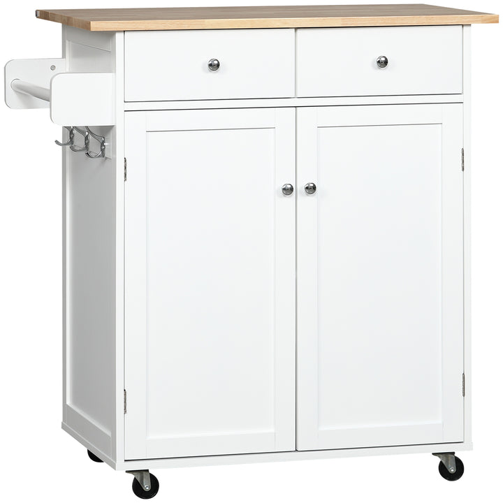 HOMCOM Rolling Kitchen Island with Storage, Kitchen Cart with Rubber Wood Top, Adjustable Shelf, Towel Rack, Hooks and Storage Drawers, White