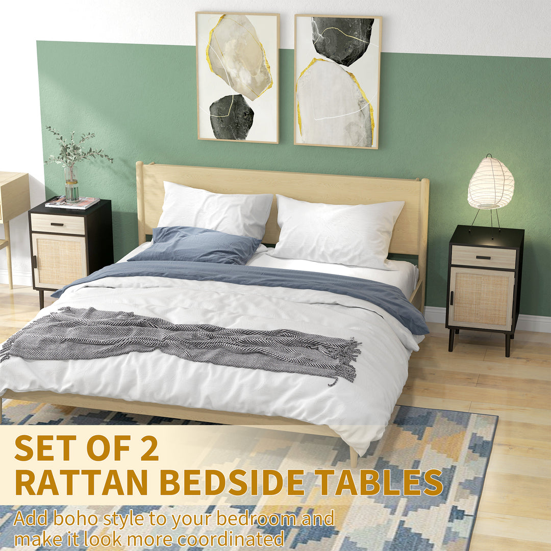 HOMCOM Boho Bedside Tables Set of 2, Nightstands with Drawer, Rattan Cabinet, Adjustable Shelf for Bedroom, Living Room, Black