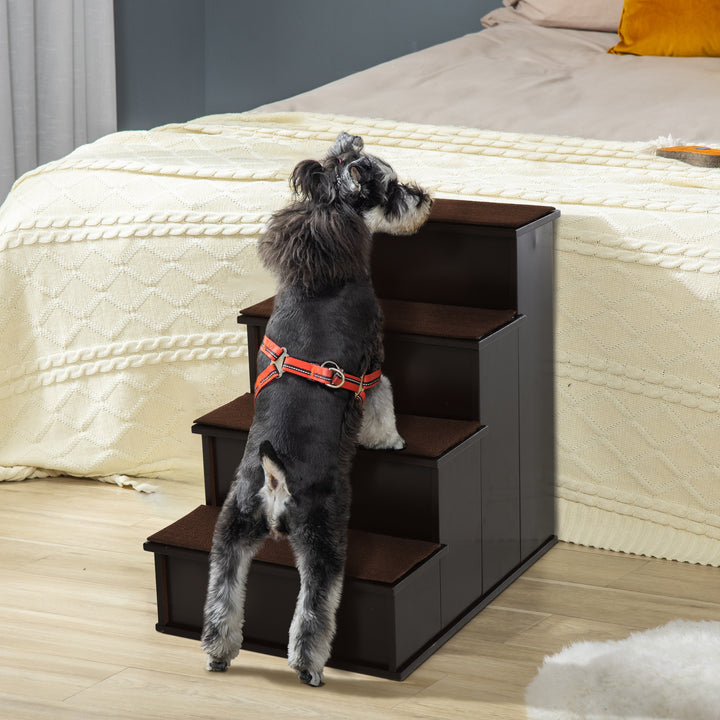 PawHut 4 Levels Wooden Dog Steps Pet Stairs for High Bed, Cat Ladder for Bed Couch with Non-Slip Carpet, Dark Coffee