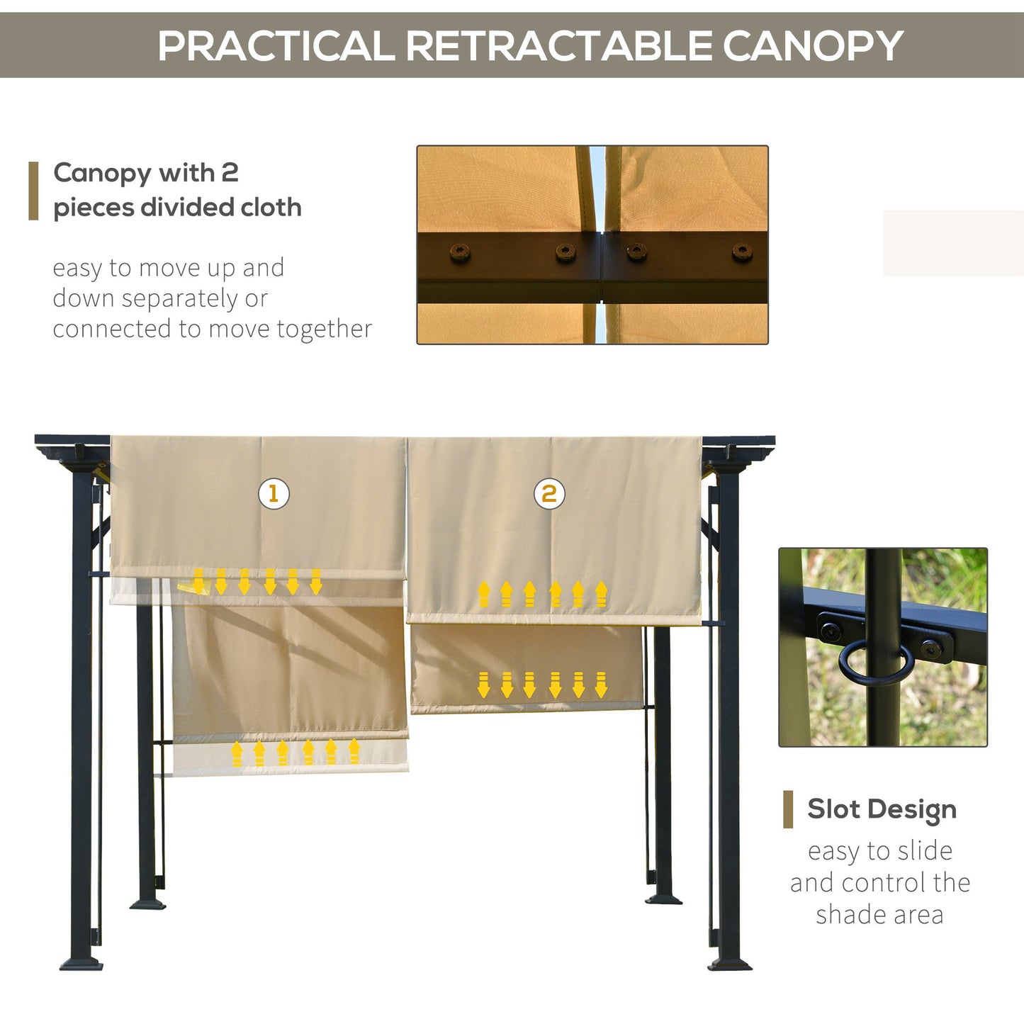 Outsunny 12' x 10' Outdoor Patio Gazebo Pergola with Retractable Canopy Roof, Steel Frame with Stakes, Unique Design, Beige