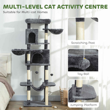 PawHut 69" Cat Tree, Multi-Level Cat Tower with 2 Condos, Plush Perch and Sisal Scratching Posts, Dark Grey