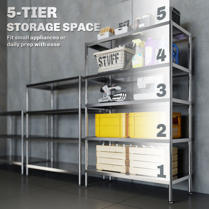 HOMCOM Bakers Rack, 5-Tier Stainless Steel Kitchen Storage Shelf with Adjustable Heights for Spices, Pots and Pans, Silver