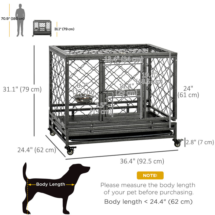 PawHut Heavy Duty Dog Crate w/ Wheels, Openable Top, Removable Tray, Bowl, for Large Dogs-Sized Dogs, 36.4" x 24.4" x 31.1"