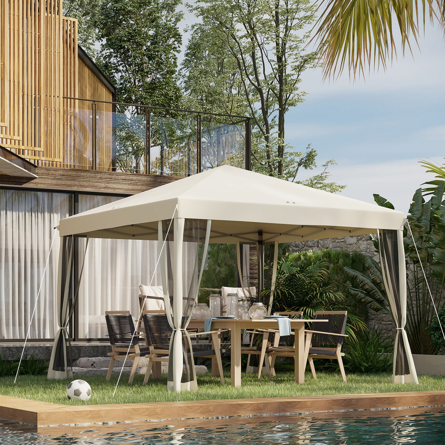 Outsunny 10' x 10' Pop Up Canopy Tent Gazebo with Removable Mesh Sidewall Netting, Carry Bag for Backyard Patio Outdoor, Beige