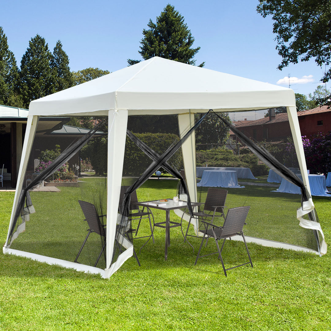 Outsunny 10x10ft Party Tent Canopy with Netting, Patio Screen House Slant Leg Outdoor Gazebo Sun Shade Shelter, Beige