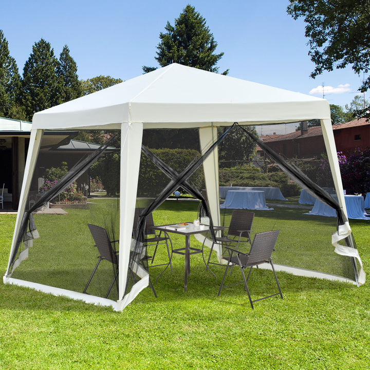 Outsunny 10x10ft Party Tent Canopy with Netting, Patio Screen House Slant Leg Outdoor Gazebo Sun Shade Shelter, Beige