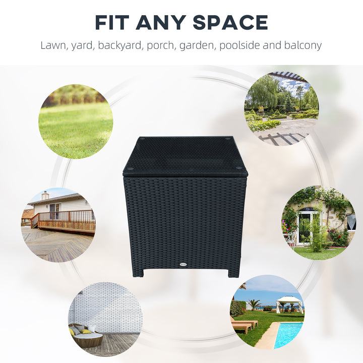 Outsunny Rattan Side Table Wicker Coffee Table with Glass Top Outdoor Patio Furniture For Patio Poolside Garden Lawn, Black