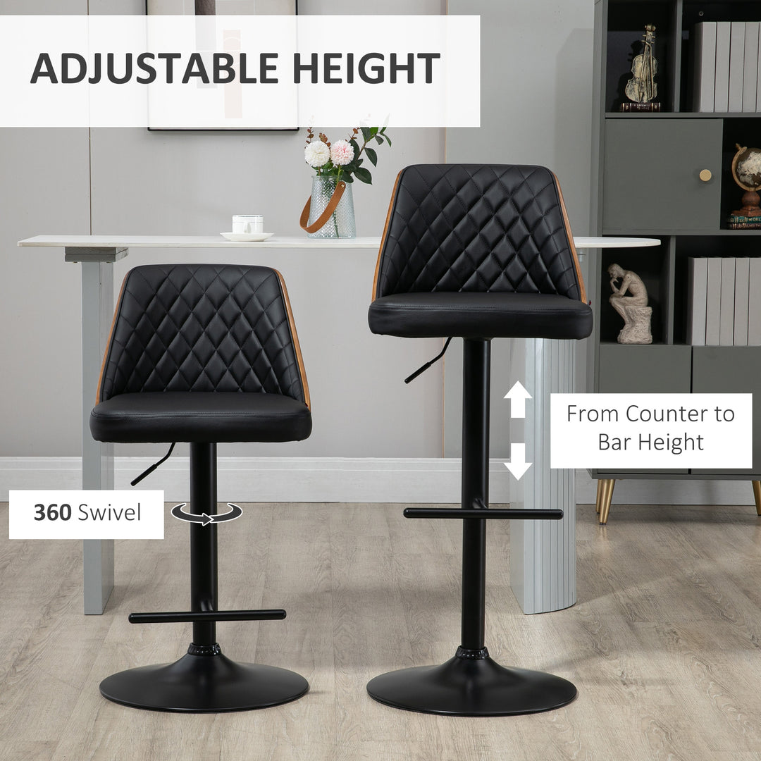 HOMCOM Modern Bar Stools PU Leather Set of 2 Swivel Bar Height Barstools Chairs with Adjustable Height, Round Heavy Metal Base and Footrest, Black