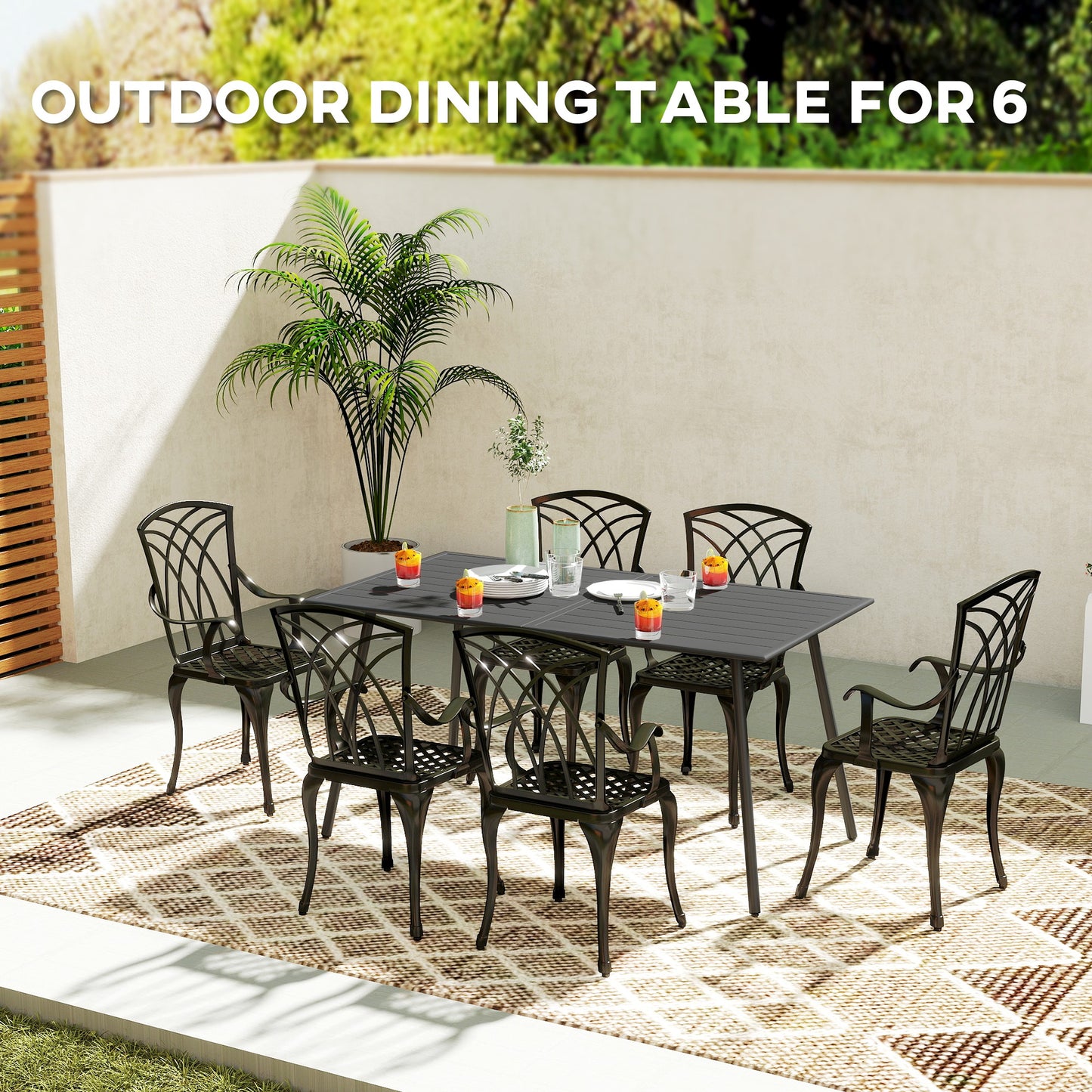 Outsunny Rectangle Patio Dining Table for 6 Person, Metal Steel Slat Outdoor Table, for Lawn, Garden, 59" x 31.5" x 29", Grey