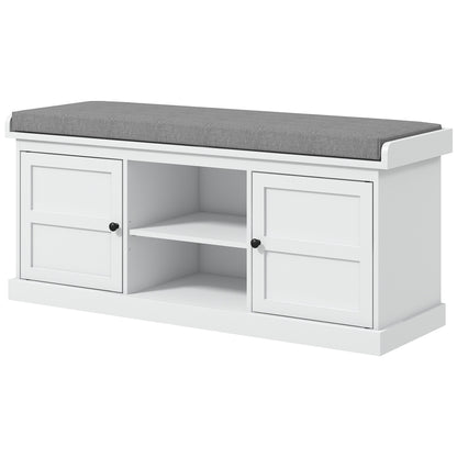 HOMCOM Shoe Storage Bench with Cushioned Seat, Entryway Bench Seat with 2 Cabinets and Adjustable Shelf for Hallway, White