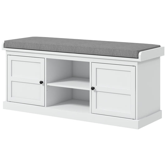 HOMCOM Shoe Storage Bench with Cushioned Seat, Entryway Bench Seat with 2 Cabinets and Adjustable Shelf for Hallway, White
