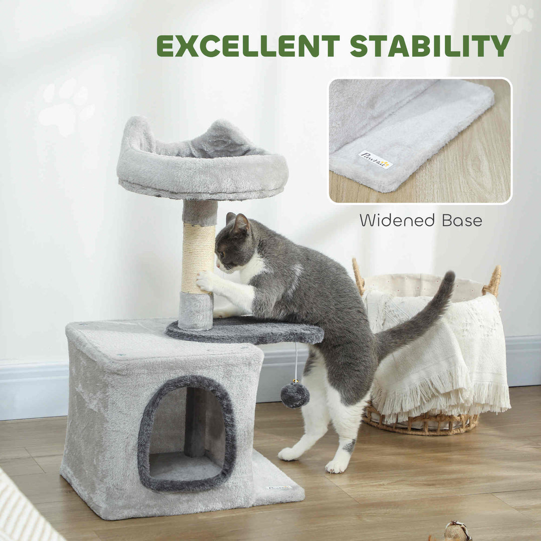 PawHut 28" Cat Tree Tower with Plush Top Bed, Cozy Condo, Sisal Scratching Post, Perch, Dangling Ball, Light Grey