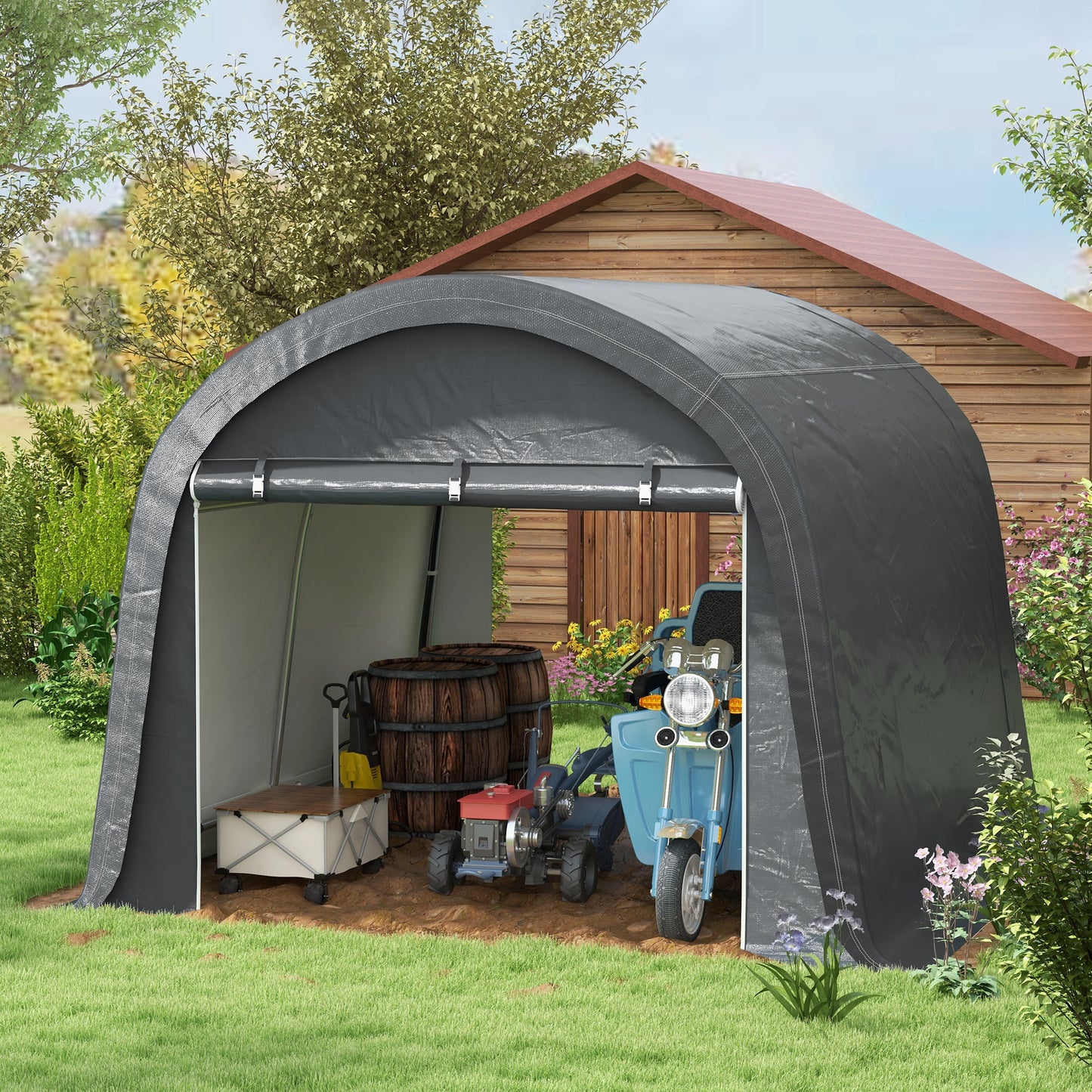 Outsunny 8' x 6' Carport with Sidewalls and Roll-up Door, Outdoor Storage Shelter for Motorcycle and Car, Grey