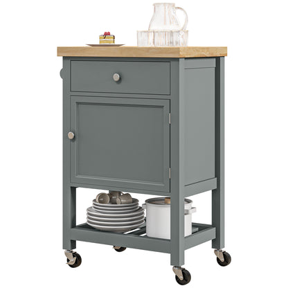 HOMCOM Kitchen Cart on Wheels, Rolling Kitchen Island Cart with Wood Top, Towel Rack, Drawer and Shelf for Dining Area, Grey