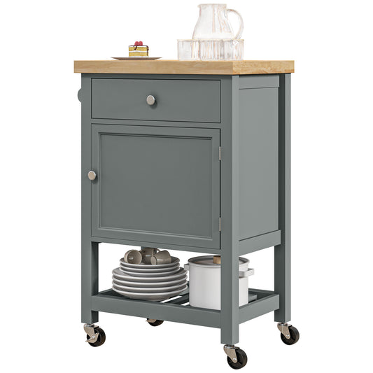 HOMCOM Kitchen Cart on Wheels, Rolling Kitchen Island Cart with Wood Top, Towel Rack, Drawer and Shelf for Dining Area, Grey