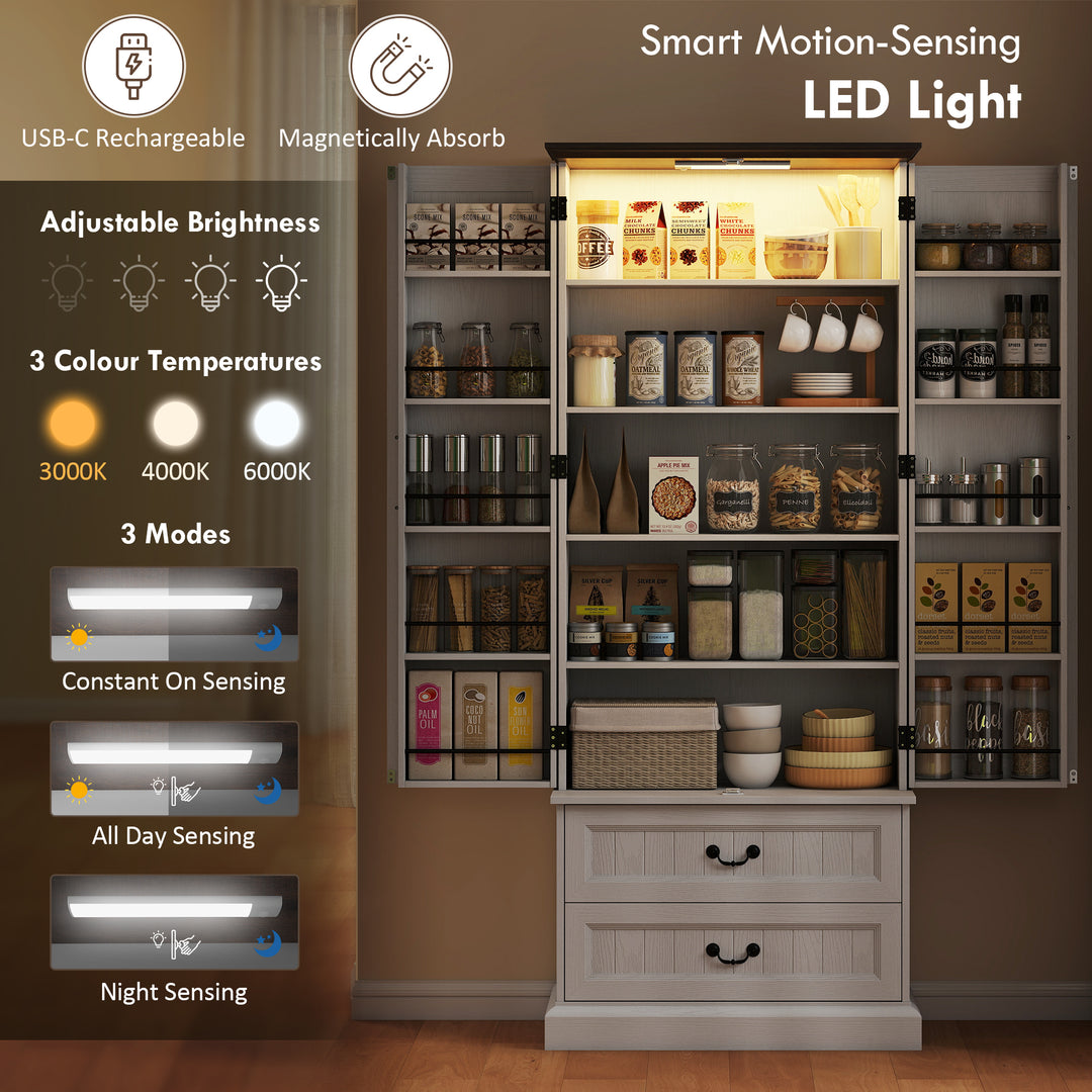 HOMCOM 72" LED Kitchen Pantry Cabinet, Buffet Storage Cabinet with 10 Door Shelves, 2 Drawers and Adjustable Shelves, White