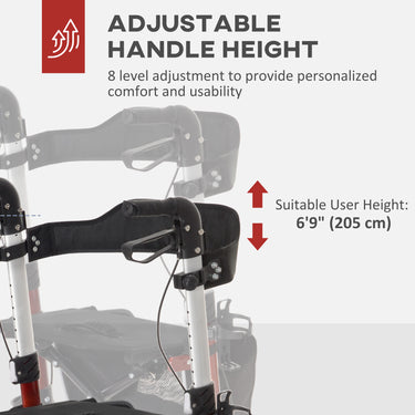 HOMCOM Lightweight Folding Rolling Walker with Large Seat, Back, Adjustable Handle, Bag, Dual Brake, Cane Holder, Red
