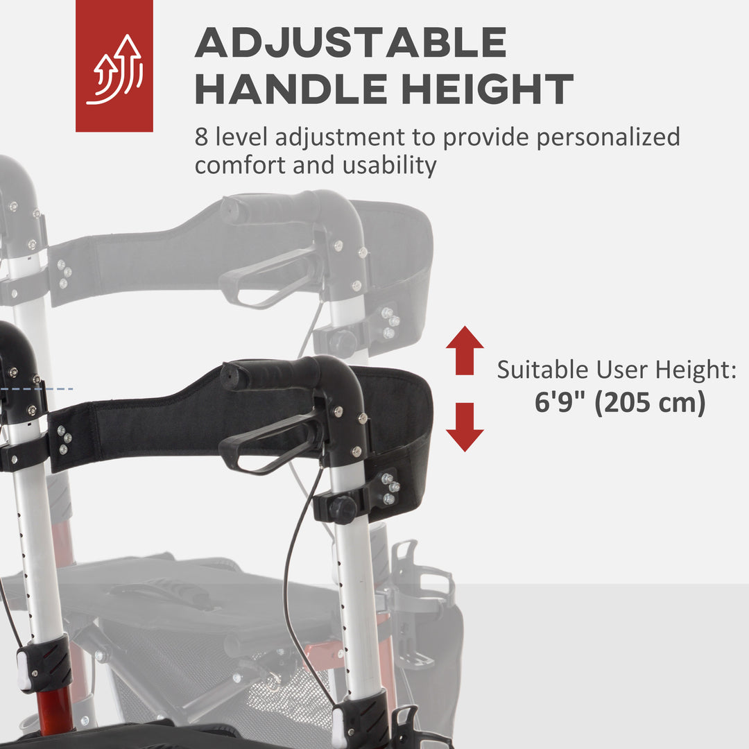 HOMCOM Lightweight Folding Rolling Walker with Large Seat, Back, Adjustable Handle, Bag, Dual Brake, Cane Holder, Red