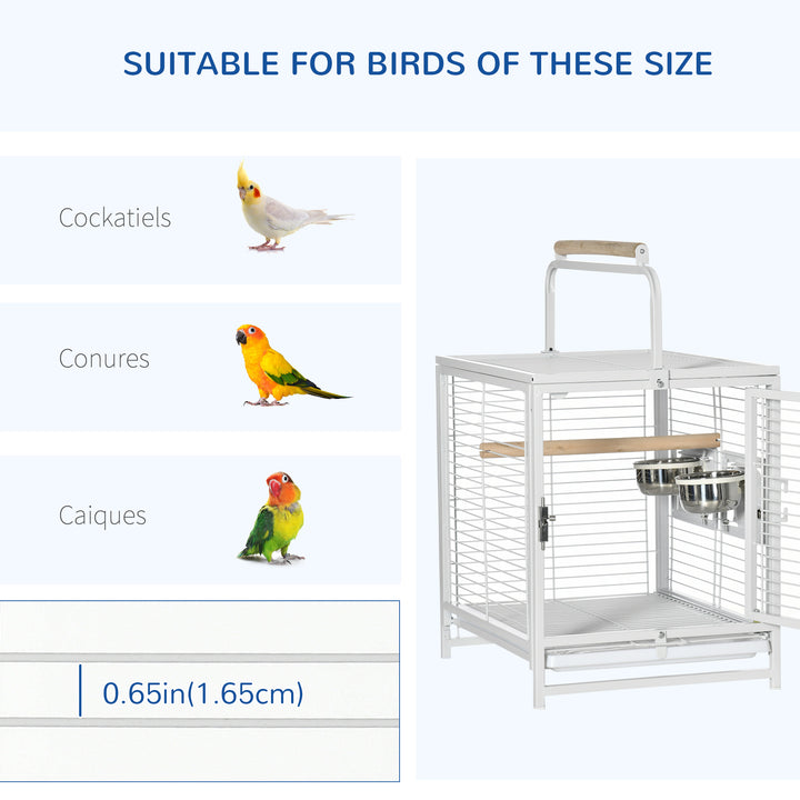 PawHut Bird Travel Carrier Cage for Parrots Conures African Grey Cockatiel Parakeets with Stand Perch, Stainless Steel Bowls, Pull Out Tray, Black