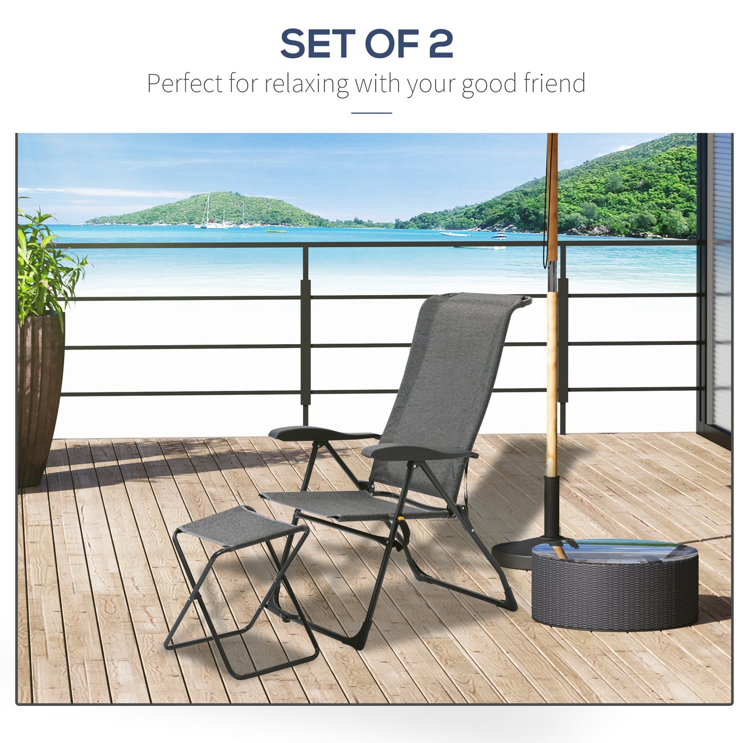 Outsunny Patio Lounge Chair Outdoor Lounger Recliner Folding Camping Chair with Footrest and Storage Pocket, Black Grey