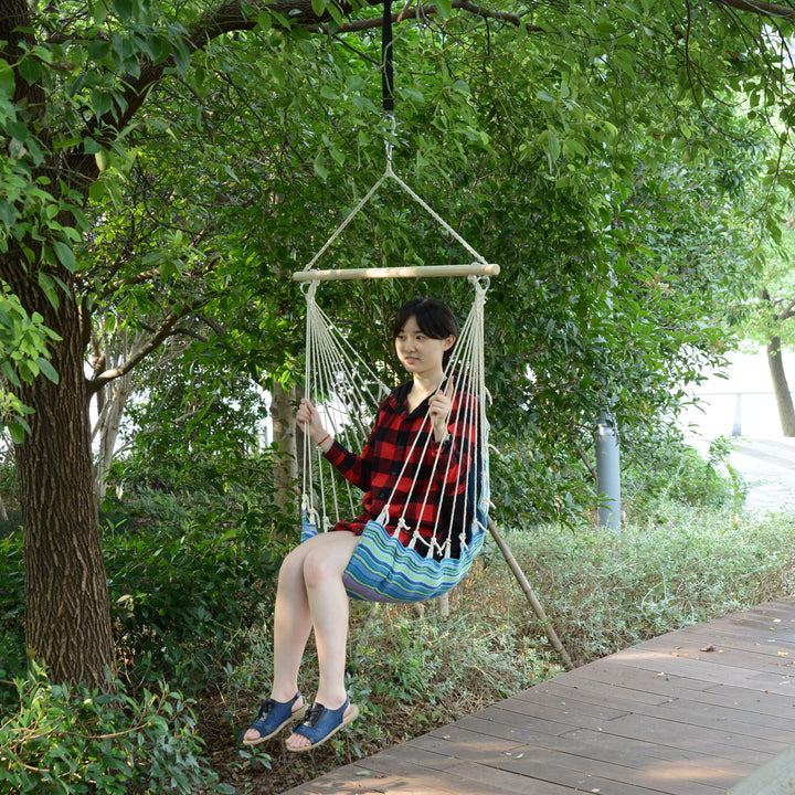 Outsunny Portable Hanging Woven Hammock Seat Rope Swing Chair Sleeping Bed for Outdoor Garden Yard Camping Blue