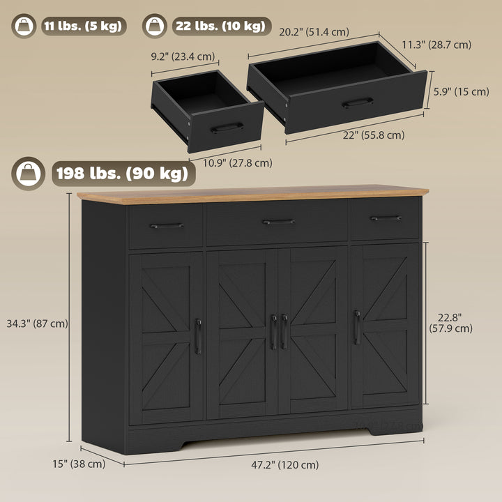 HOMCOM 47" Buffet Cabinet with Soft-Close Hinges, Farmhouse Sideboard with 3 Drawers, Adjustable Shelves and Spice Racks, White