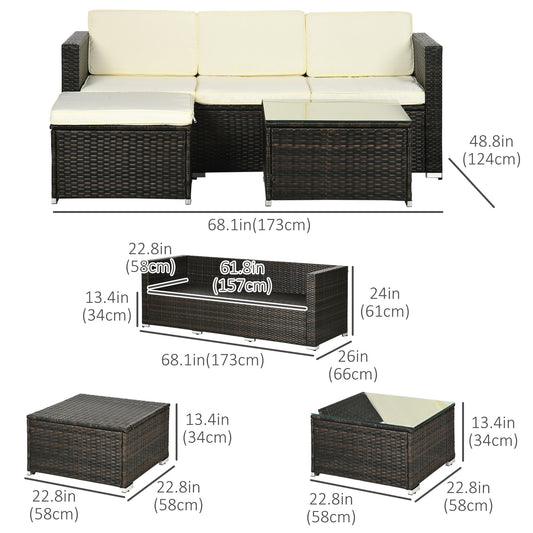 Outsunny 3 Pieces Patio Furniture Set with Cushions, Outdoor PE Rattan Wicker Conversation Corner Sofa Set with Glass Top Table and Adjustable Foot for Garden, Lawn, Cream White