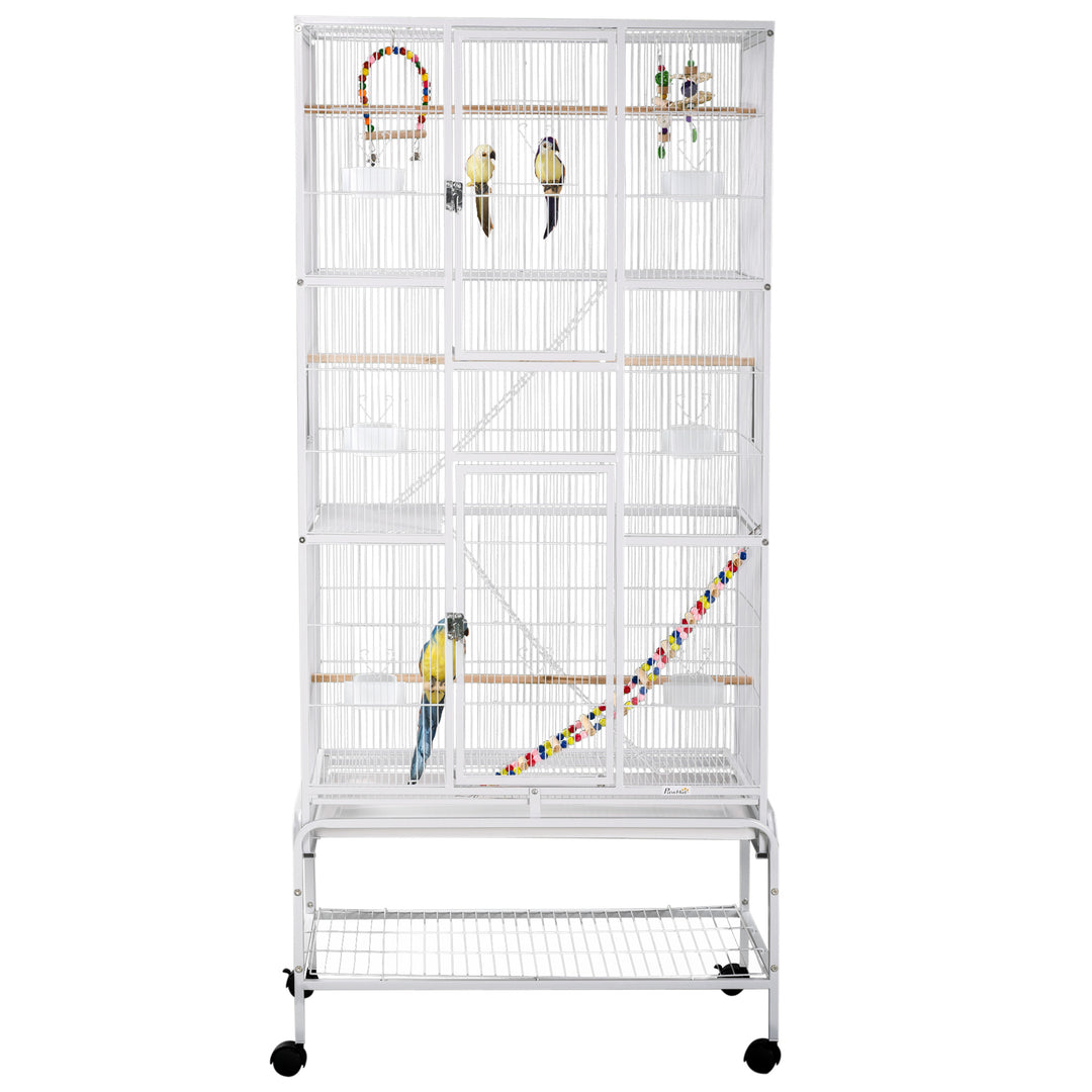 PawHut 71" Bird Cage with Wheels Perches, Ramp, Storage Shelf, Toys for Canaries, Finches, Cockatiels, Parakeets, White