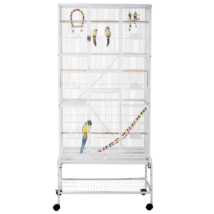 PawHut 71" Bird Cage with Wheels Perches, Ramp, Storage Shelf, Toys for Canaries, Finches, Cockatiels, Parakeets, White