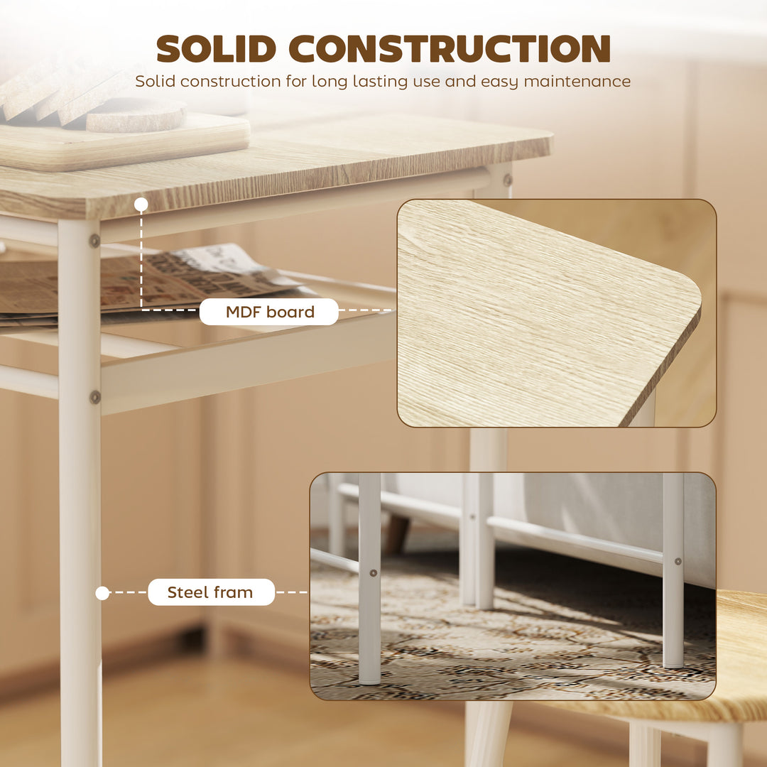 HOMCOM 3 Piece Counter Height Bar Table Set with 1 Table, 2 Matching Stools, Dining Table Set with Storage Shelf and Metal Frame Footrest, Black and Oak